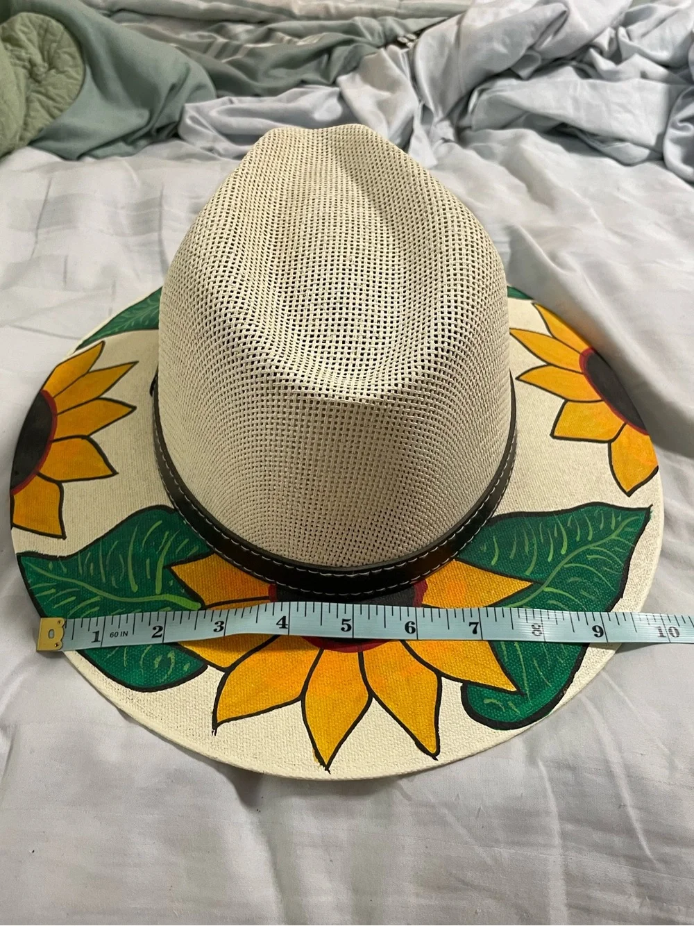 MX Mexico cream woven straw fedora hat black band hand painted sunflowers MEDIUM